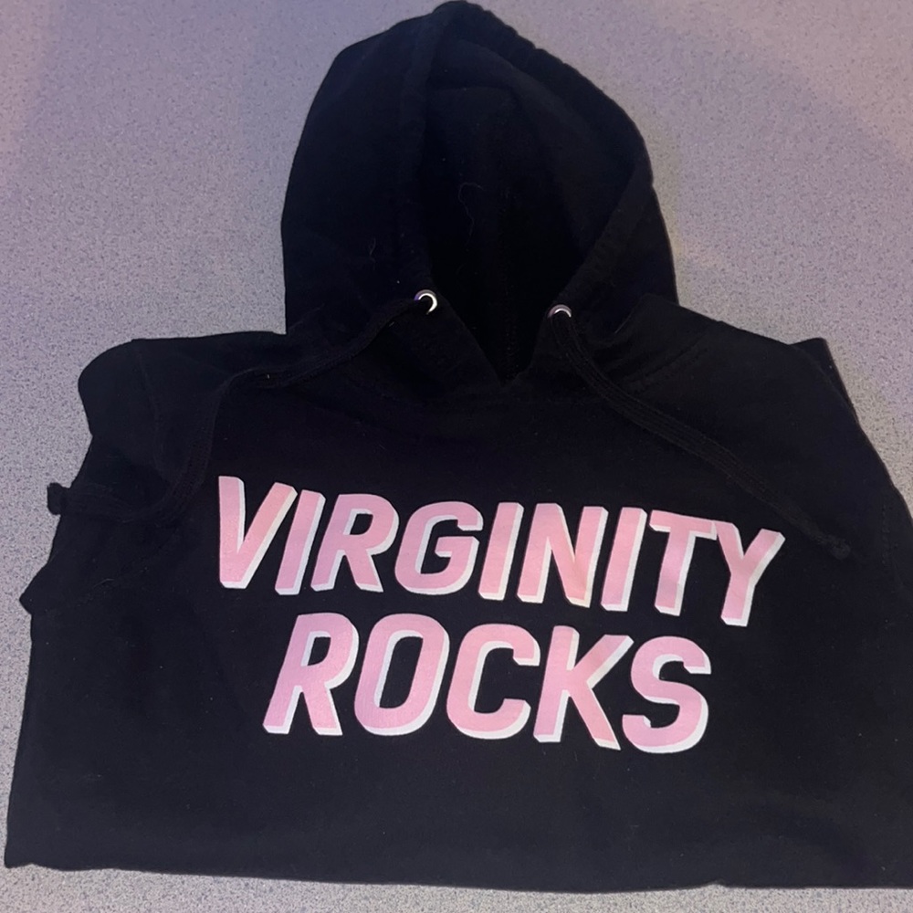 black hoodie with pink virginity rocks writing